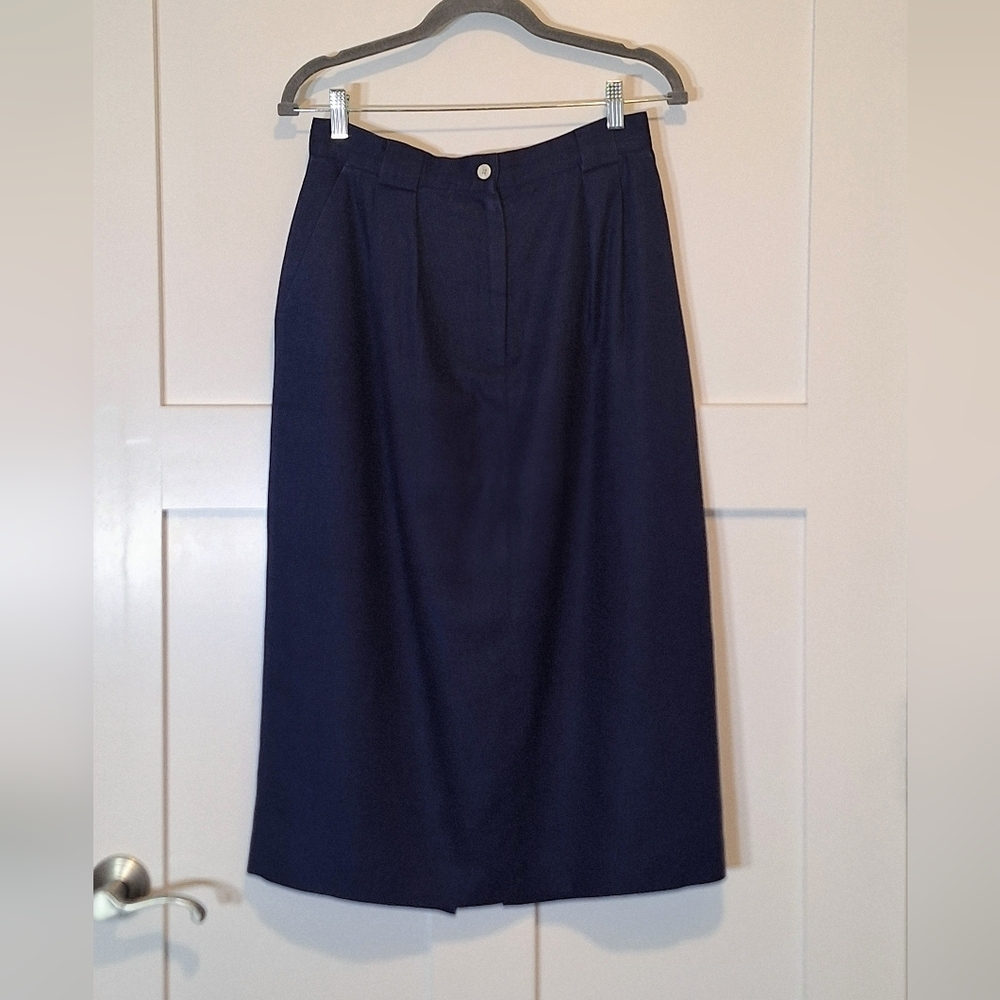 Talbots Linen Vintage Midi Skirt Lined Pleated Pockets Navy Blue Size 12